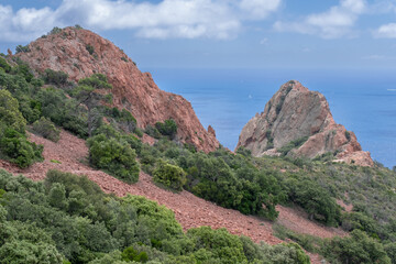 Massif de l'Esterel, a volcanic mountain range on the Mediterranean Sea coast on the French Riviera, located near Cannes on the east and Saint-Rafael on the west, France 