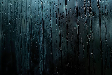 water drops in window glass. Rain on the window. Dark blue wet transparent glass of window. AI generated