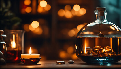 Jar with liquid by candlelight