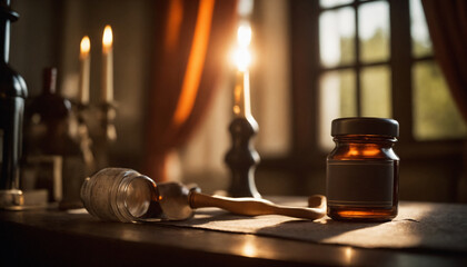 jar of medicine on the table by candlelight