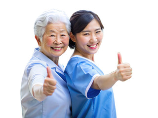 friendly nurse senior citizen stand back together lift thumb up camera positive mood