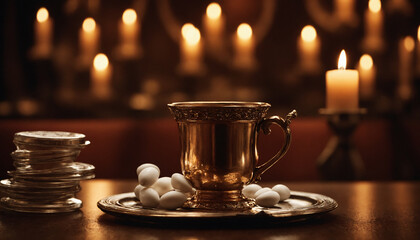 Metal bowl with candies on a background of candles