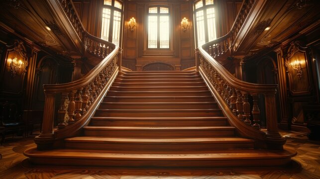 wooden staircase in elegant estate, focus on, classic theme, vibrant, silhouette, mansion backdrop