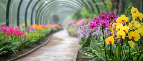 Obraz premium AI generator images of Colorful orchids beside long perspective concrete path farm Colorful orchids beside long perspective concrete path farm, plant tissue culture,nursery greenhouse colorful orchids