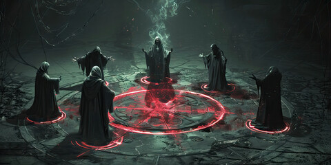 Baleful Summoning: Demonic Cultists Calling Forth Hellish Beings - Cultists standing within a circle of runes, their voices raised in an unholy chant as they summon creatures of the infernal realms
