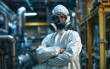 Female scientist in protective PPE suit with arms crossed in industrial laboratory. Science and research concept. Woman researcher standing in factory