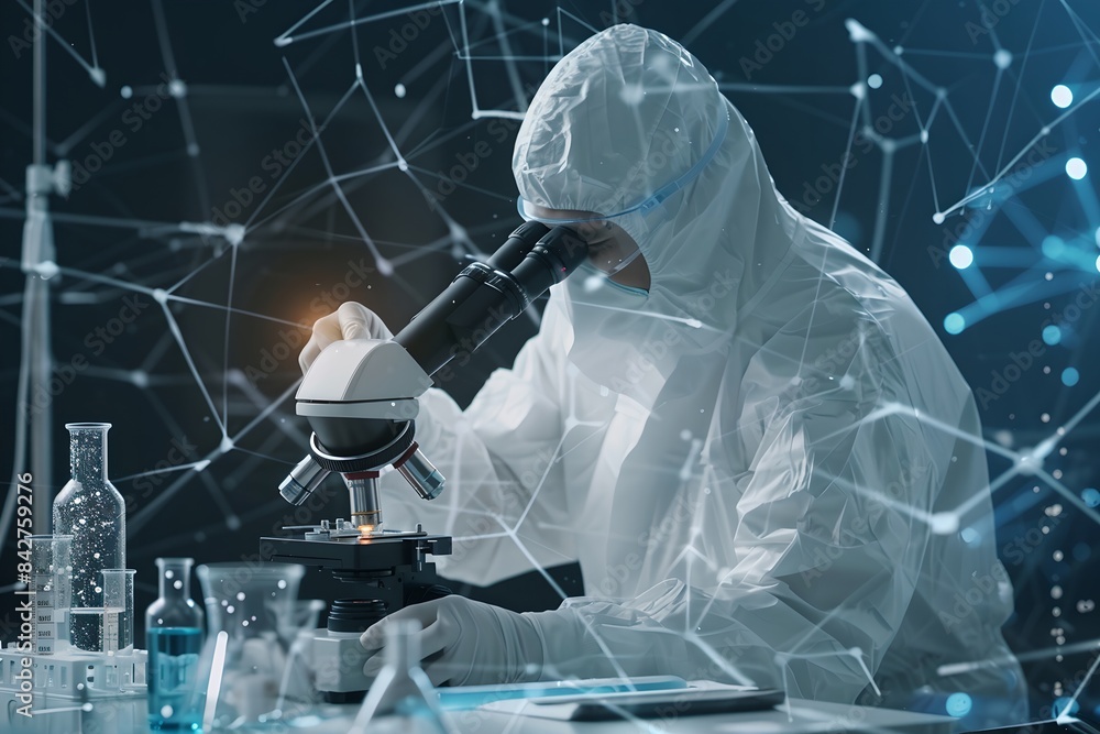 Poster scientist in protective clothing using a microscope in laboratory with digital network background. s