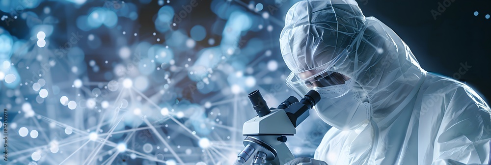 Poster scientist in protective clothing using a microscope in laboratory with digital network background. s