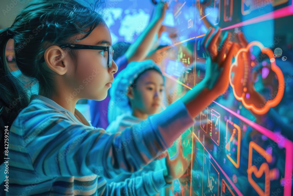 Poster skilled teacher teaching ai to diverse elementary student at digital classroom. smart multicultural 
