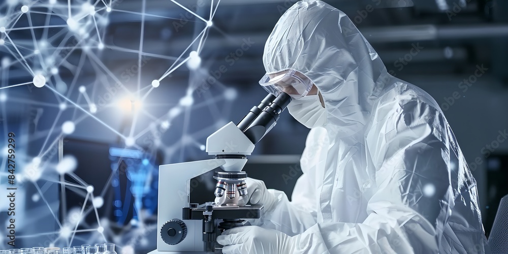 Poster scientist in protective clothing using a microscope in laboratory with digital network background. s