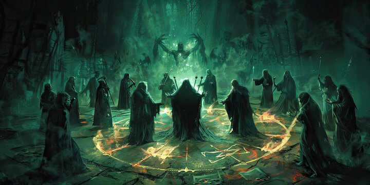 Baleful Summoning: Demonic Cultists Calling Forth Hellish Beings - Cultists standing within a circle of runes, their voices raised in an unholy chant as they summon creatures of the infernal realms