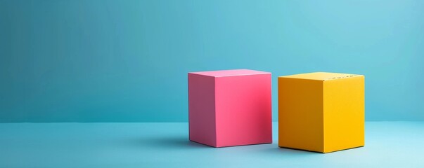 Obraz premium Minimalistic photo of two boxes in pink and yellow set against a turquoise background, showcasing a clean and modern design