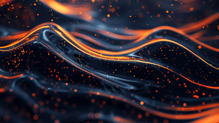 A digital representation of waving lines and particles in orange and black tones creating an abstract fiery look