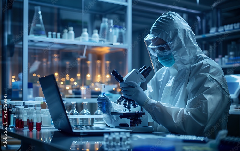 Poster scientist in protective gear using a microscope in modern laboratory. science and research concept. 