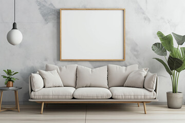 Scandinavian-style living room interior with a white mockup on the wall