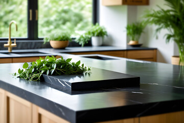 empty  natural black stone table top with blurred natural kitchen interior background for product mockup