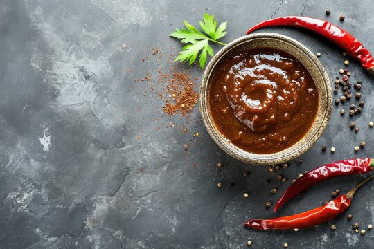 hot chili pepper with tamarind chutney in mini bowl on grey background