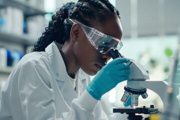 African american female scientist using a microscope in laboratory. Science and research concept. Chemistry, biology and biochemistry. Close-up portrait of young woman researcher in the lab