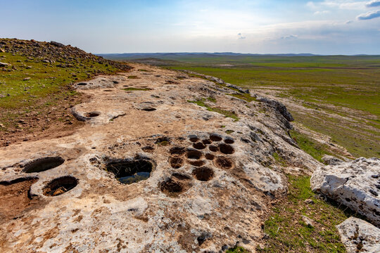 View of Neolithic Karahan Tepe from high aerial perspective, Sanliurfa, Turkey.