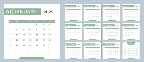 2025 Minimal Business Month and Year Square Calendar. Week Starts on Sunday.