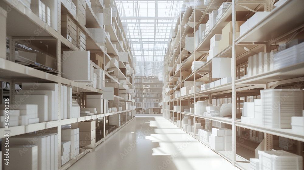Poster big warehouse filled with goods. background image. created with generative ai technology.