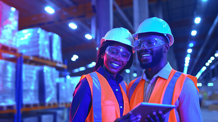 Fototapeta premium Male and Female Industrial Engineers in Hard Hats Discuss New Project while Using Laptop. They Make Showing Gestures.They Work in a Heavy Industry Manufacturing Factory.