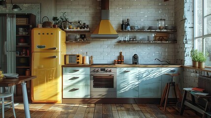 A sleek, modern kitchen with retro appliances and decor