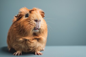 Fototapeta premium A studio photo of a cute guinea pig against a background of pastel shades, taken with soft lighting. The guinea pig stands off-centre. 