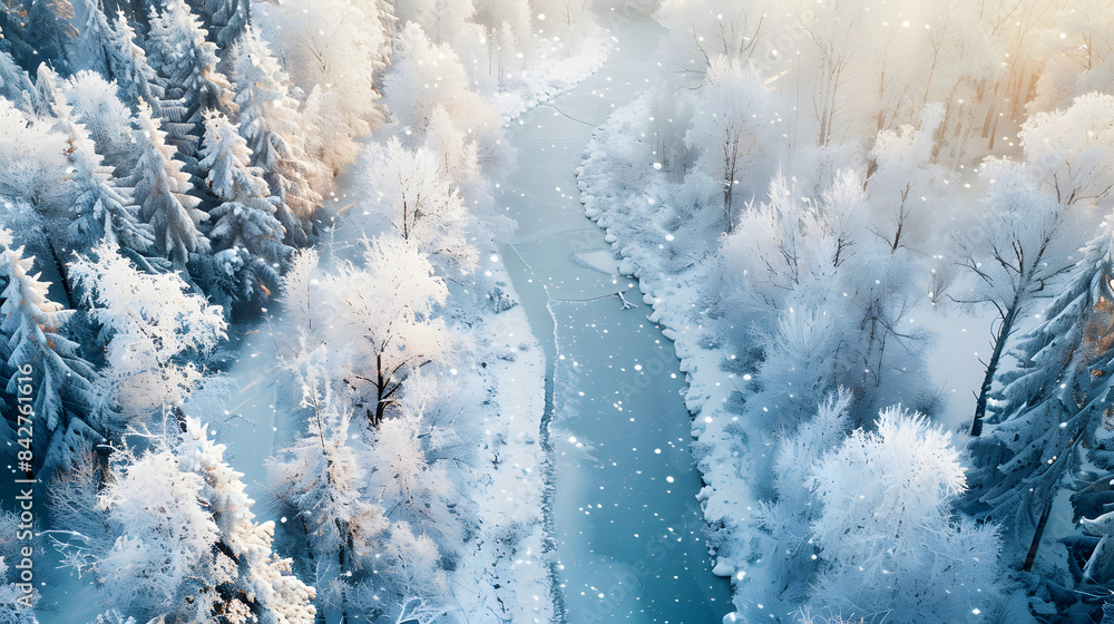 Poster charming snow-covered forest with frosted trees and icy river. overhead view banner. copy space conc