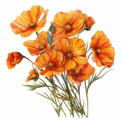 Illustration of orange poppies in a bouquet, done in watercolor and isolated on a white background.