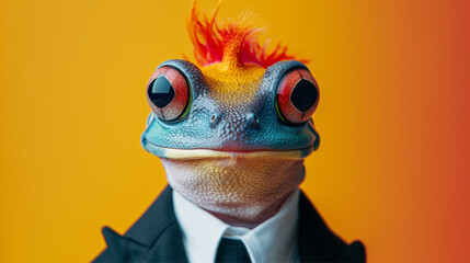 Close-up of a stylized frog with a colorful mohawk in a suit, depicting humor and personality