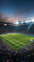 Soccer field with a large audience and bright stadium lights