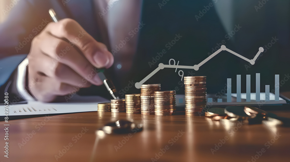Poster close up of a businessman sketching a growth graph and financial chart with a stack of coins on the 