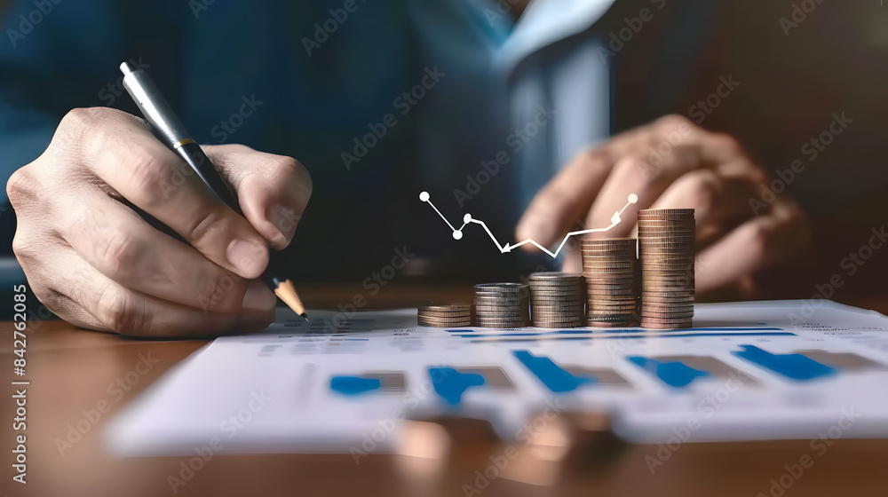 Poster close up of a businessman sketching a growth graph and financial chart with a stack of coins on the 