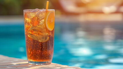 Tall glass of sparkling iced tea adorned with orange slice set against a glistening pool background, perfect for hot days