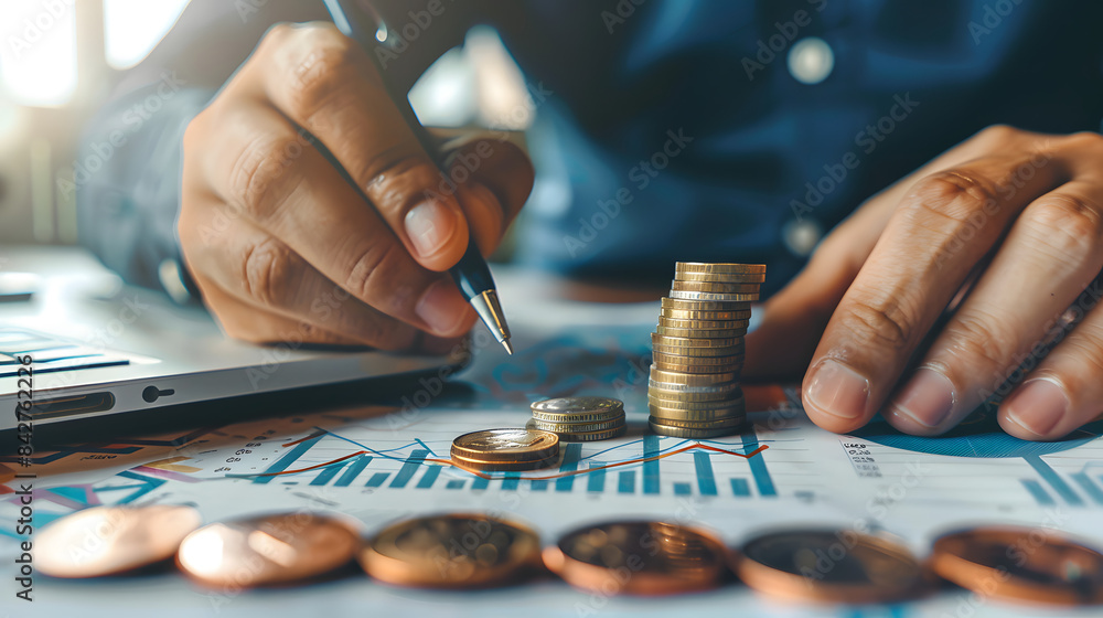 Poster close up of a businessman sketching a growth graph and financial chart with a stack of coins on the 