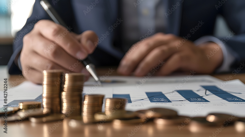 Poster close up of a businessman sketching a growth graph and financial chart with a stack of coins on the 
