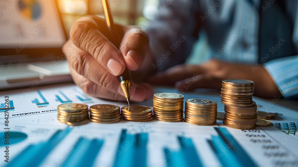 Poster close up of a businessman sketching a growth graph and financial chart with a stack of coins on the 