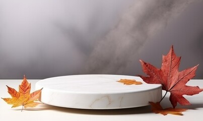 Minimalist Display Platform with Autumn Leaves and Stone: Perfect for Seasonal Product Showcases, Nature-Themed Designs, and Elegant Backgrounds