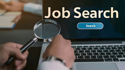 Close up of a businessmans hand searching for a job on a laptop with a magnifying glass and search bar text Job Search in the background 