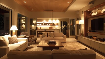 Fototapeta premium Accent lighting in the living room, such as lamps and sconces, creates a warm and inviting atmosphere.