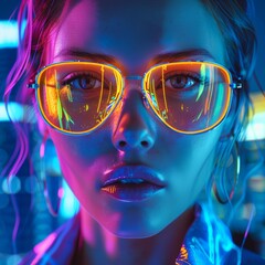 portrait with vibrant neon elements, close up, cyber theme, surreal, blend mode, futuristic skyline backdrop