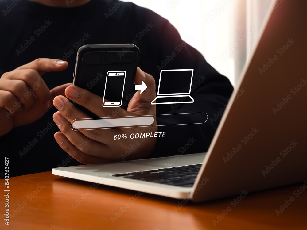 Poster file transfer, data migration, transmission, backup files concept. loading progress bar and smartpho