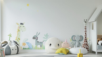 A spacious kids' room with plush toys, wall murals of animals and a modern, clean decor in a neutral color palette