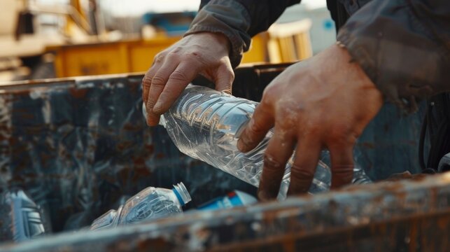 Closeup of a workers hand placing a plastic bottle into a recycling bin with a caption that reads Small actions big impact recycling at a construction site.