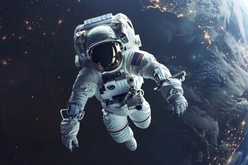 Fototapeta premium As he floated in the tranquility of space, the astronaut's gaze was drawn to Earth, its vibrant colors contrasting sharply with the dark void of the cosmos