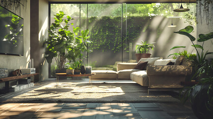 modern eco friendly home interior design with furniture and plants 