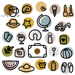 Black and white hand drawn linear doodle travel icon set of vector elements on pastel color dots and isolated on white background great for stickers printing flyer poster or web