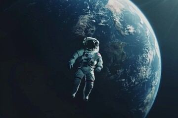 Fototapeta premium While the astronaut drifted in the void of space, the sight of Earth behind him served as a poignant reminder of the planet's beauty and the interconnectedness of all life