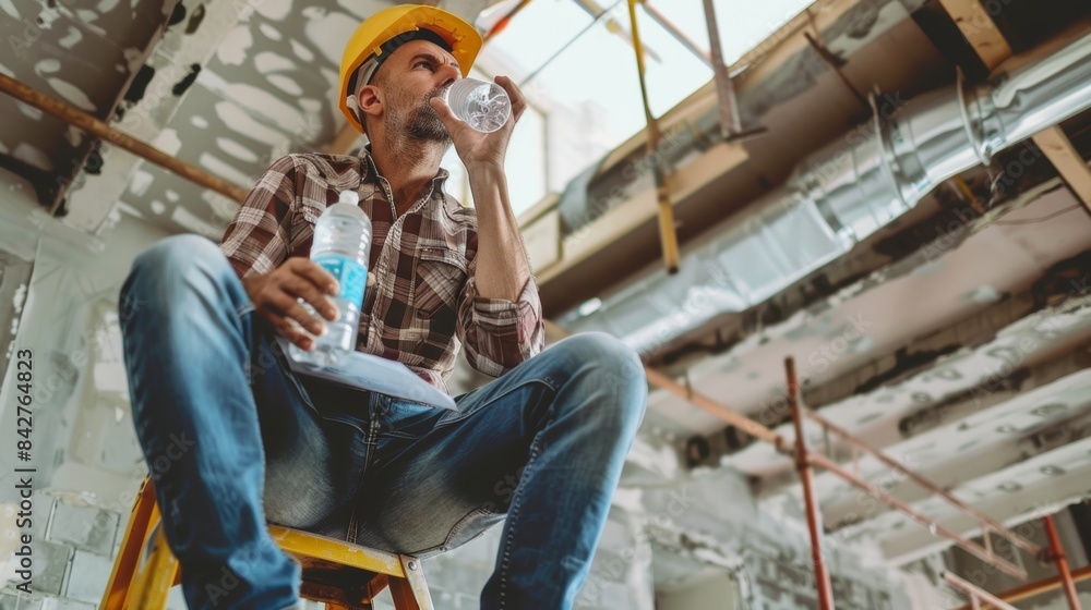 Poster a worker sitting on a step ladder taking a sip from a water bottle and looking down at his blueprint